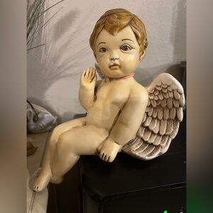 Vintage Cherub Angel Chalkware Figurine/Shelf Sitter 9” Sitting
